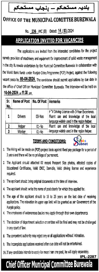 Latest Municipal Committee Burewala Driver Jobs 2024