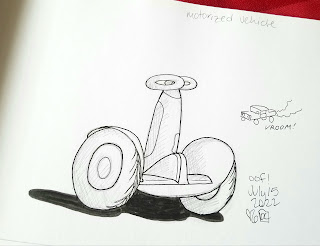 A photograph of a pen and ink drawing in a sketchbook. The drawing is of a white Segway machine.