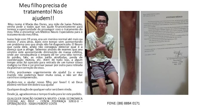 Mãe pede ajuda para tratamento do filho de 19 anos que tem problema de saúde desconhecido pela medicina