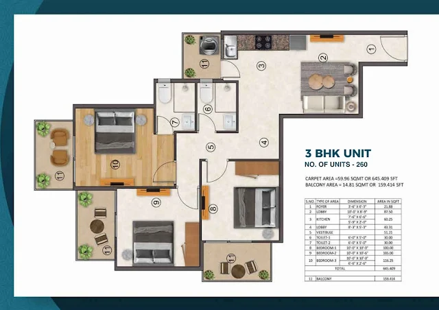 rof ambliss 78 3bhk Type-2 Floor Plan