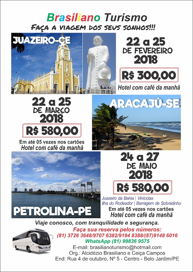 BRASILIANO TURISMO FAÇA A VIAGEM DOS SEUS SONHOS ! DIA 22 E 25 DE FEVEREIRO DE 2018 HOTEL COM CAFÉ DA MANHÃ 