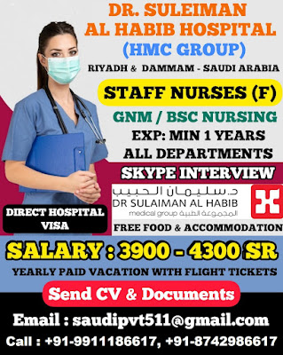 Urgently Required Staff Nurses to Dr. Suleiman AL Habib Hospital (HMC GROUP), Riyadh & Dammam Saudi Arabia