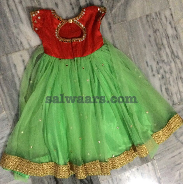 Green Red Mirror Work Frock for Kids