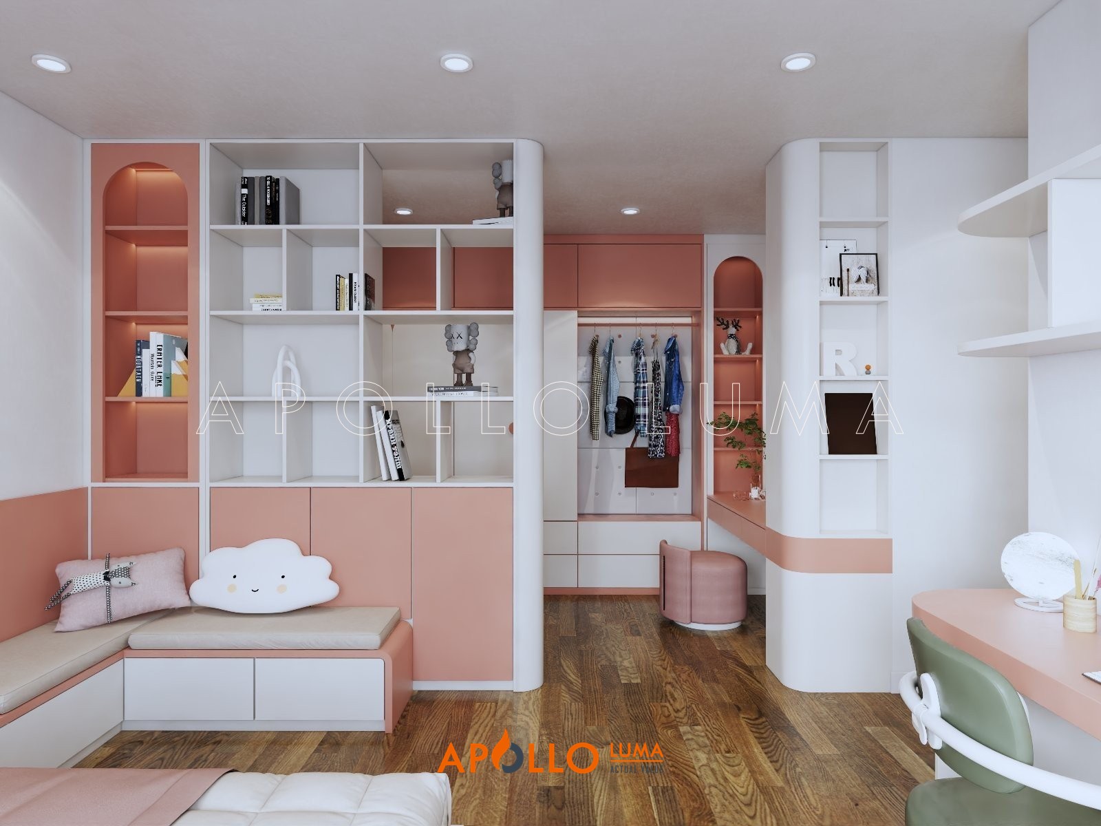 Thiết kế nội thất phòng ngủ gam màu trắng hồng hiện đại cho bé gái