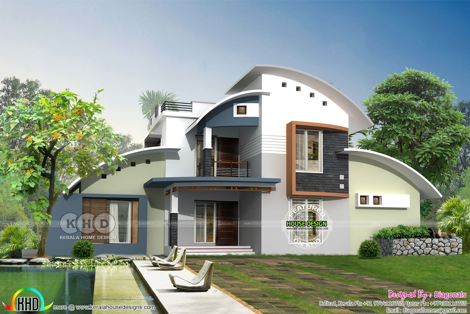 Modern curved  roof house  in 2622 sq ft Kerala home 