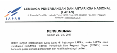  Info lowongan kerja terbaru bersumber dari halaman website resmi Lembaga Penerbangan dan  Lowongan Kerja Lembaga Penerbangan dan Antariksa Nasional (LAPAN)