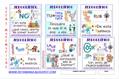 Jeroglíficos, Desafíos matemáticos, Problemas matemáticos, Retos matemáticos, Problemas para pensar, Jeroglíficos con solución, Jeroglíficos escolares