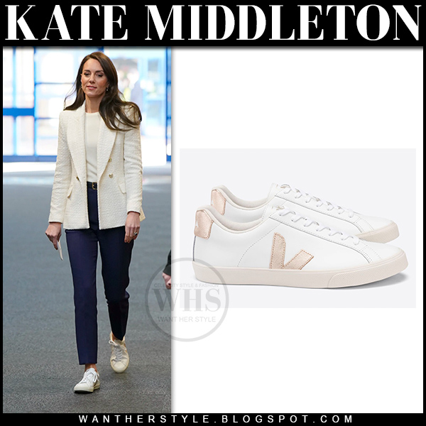 Kate Middleton in white blazer, navy trousers and sneakers