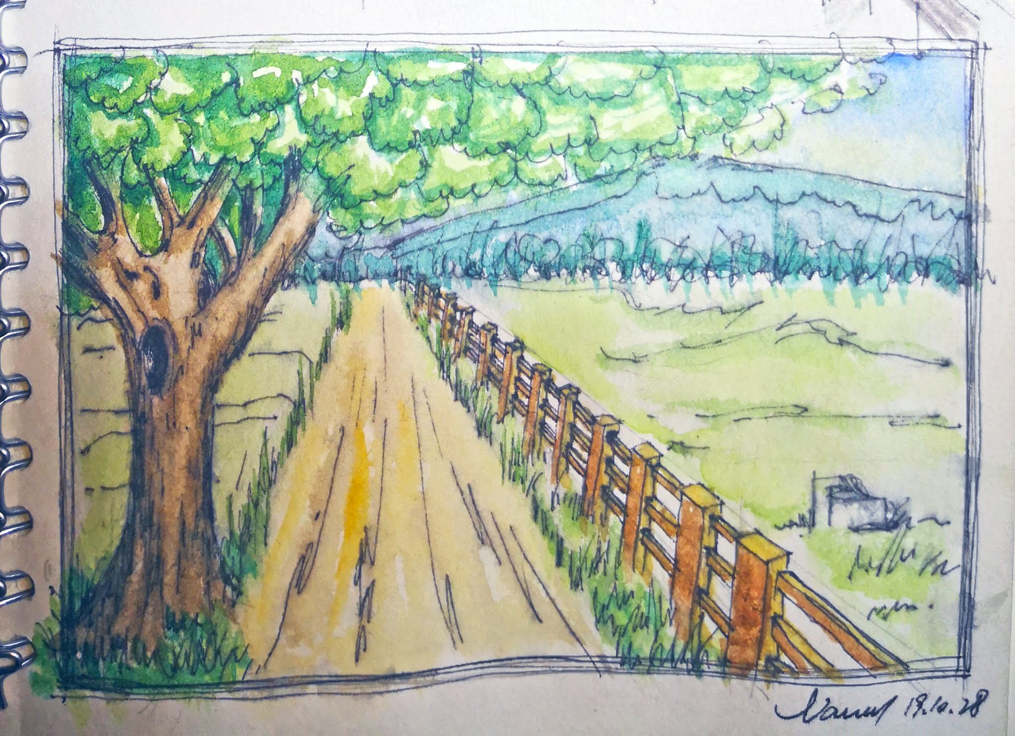 How To Draw A Fence In A farm Scene/skill & Watercolor