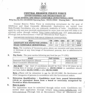 CRPF ASI HEAD CONSTABLE VACANCY 2023 | केन्द्रीय रिज़र्व पुलिस बल में उप निरीक्षक हेड कांस्टेबल के 1315 पदों की वेकेंसी