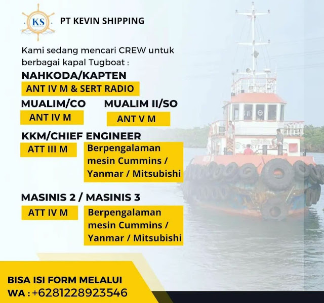 Job Pelaut Kapten, Mualim, KKM, Masinis Kapal Tugboat 2023