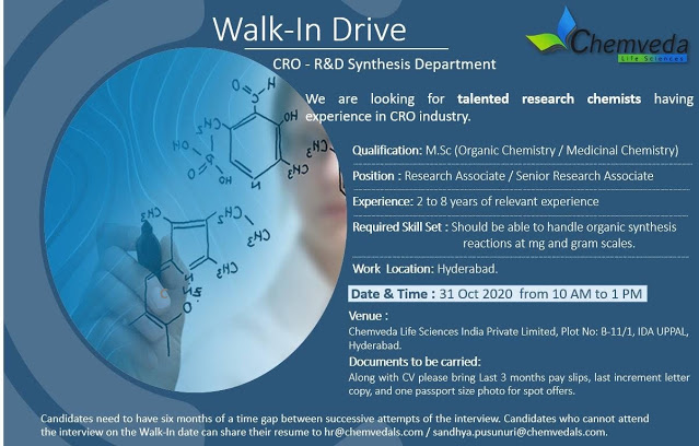 Chemveda Lifesciences | Walk-In interview for R&D Synthesis at Hyderabad on 31 Oct 2020