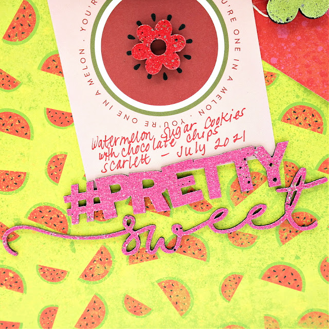 Pink Embossed Mixed Font Chipboard Title on a Watermelon Sugar Cookie Scrapbook Layout