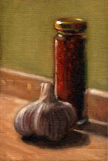 Oil painting of a glass jar of dried chillies beside a garlic bulb.