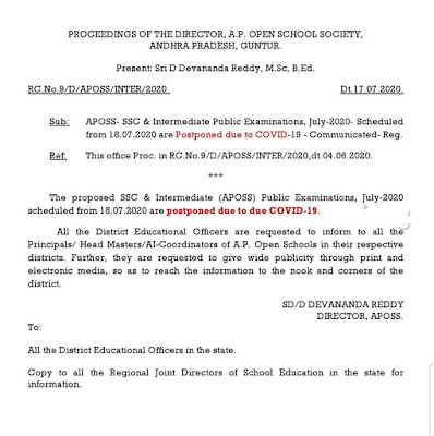 APOSS : SSC & Intermediate Examinations, July-2020 Schedule from 18-07-2020 are Postponed due to COVID-19