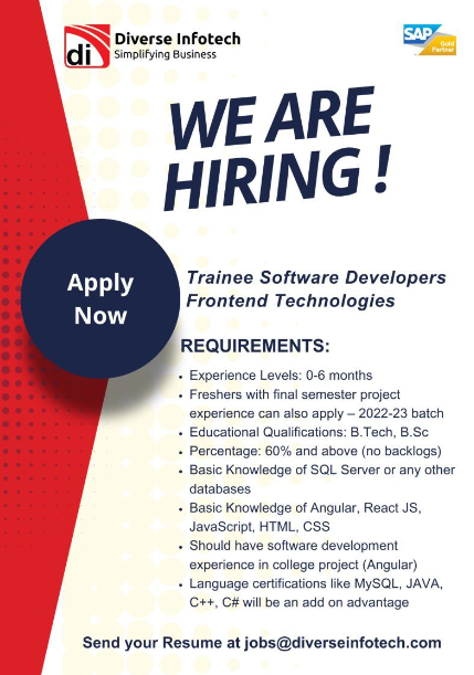 Diverse Infotech Hiring Trainee Software Developers Frontend Technologies | BTECH/ BSC | Batch: 2022-2023 | Exp: 0-6 Month | Location: Gurgaon