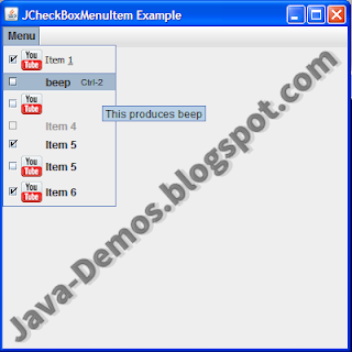  The following example illustrates creating  JCheckBoxMenuItem in Swing Example for Beginners