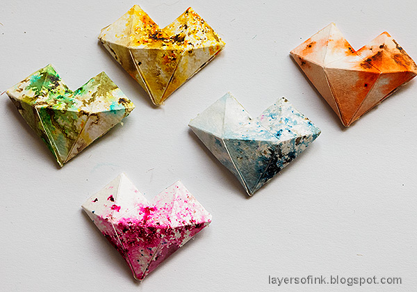 Layers of ink - Textured Hearts Card Tutorial by Anna-Karin Evaldsson. Assemble the faceted hearts.