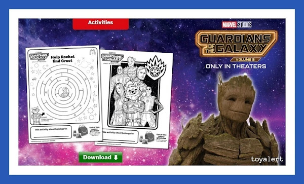 McDonalds Guardians of the Galaxy Toys Vol 3 2023 Happy Meal Coloring and Activity Sheets Downloads artwork showing maze activity and coloring sheet with picture of Groot