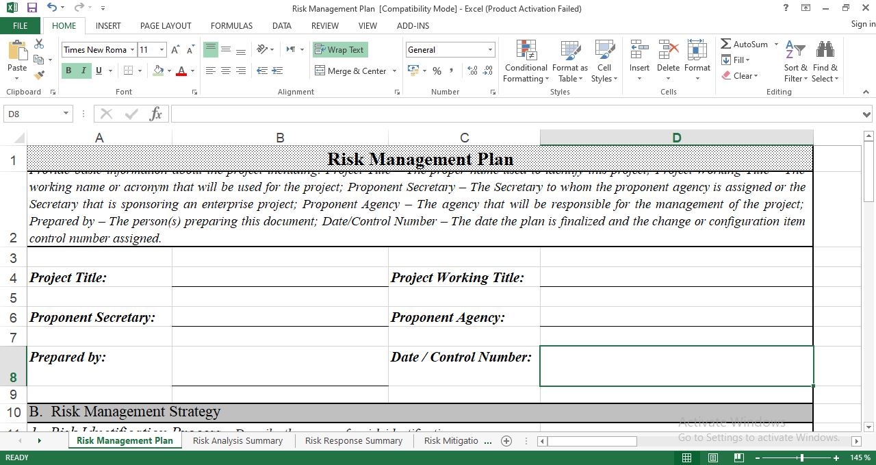 Risk Management Plan sheet