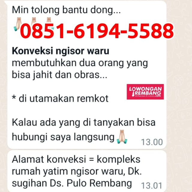 2 Lowongan Kerja Pegawai Penjahit dan Obras Konveksi Ngisor Waru Rembang Tanpa Syarat Ijazah