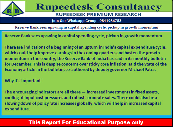 Reserve Bank sees upswing in capital spending cycle, pickup in growth momentum - Rupeedesk Reports - 21.12.2022