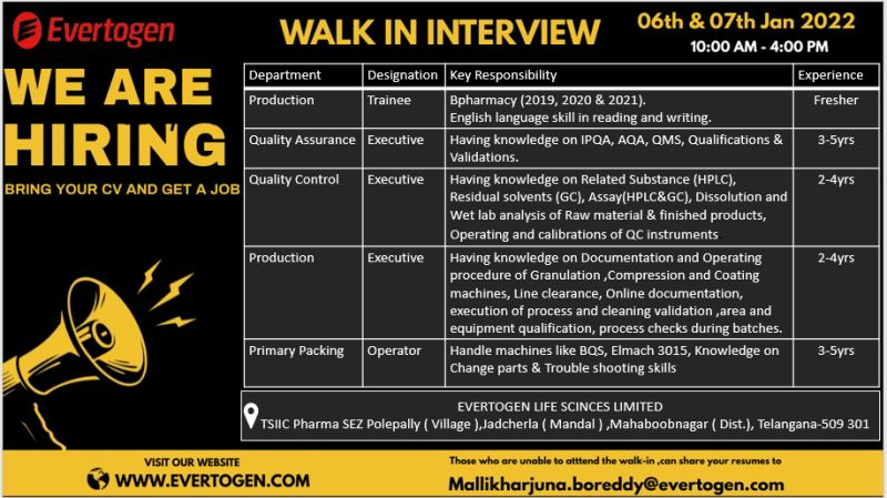 Job Availables,Evertogen Life Sciences Limited Walk-In-Interview For Production/ QA/ QC/ Primary Packing