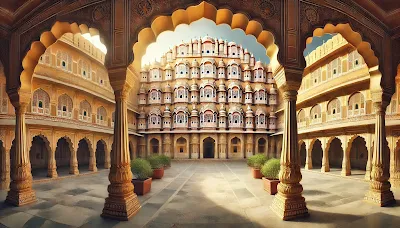 Central courtyard of Hawa Mahal surrounded by arched galleries in traditional Rajput style