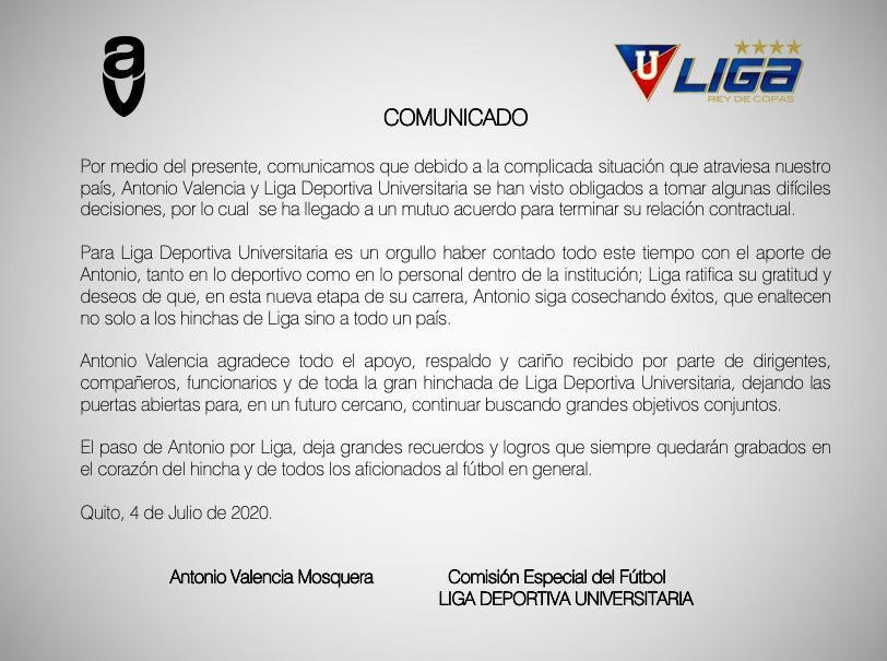 Liga de Quito rescindió contrato con Antonio Valencia