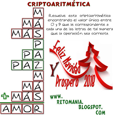 Alfaméticas, Alfamética, Criptoaritmética, Criptosuma, Navidad, Retos matemáticos, Desafíos matemáticos, Problemas matemáticos, Problemas de ingenio, Problemas matemáticos con solución