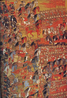 Stylised depiction of the armies of the Pandavas and the Kauravas ranged against each other in the battle of conflicting loyalties and duties acted out by divine and semi-divine characters in the Mahabharata epic. All who died fulfilling their duty in battle were admitted to lndra's heaven, illustrating that dharma was the path to salvation. Persian Manuscript A.D. 1761-63. British Museum, London. 