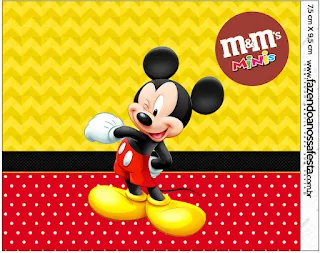 Mickey en Fondo Amarillo con Zigzags y Rojo con Lunares: Etiquetas para Candy Bar para Imprimir Gratis.