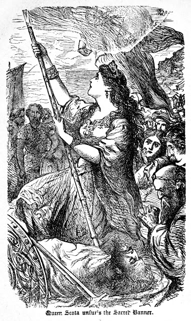 «Королева Скотия разворачивает священное знамя», иллюстрация из книги по истории Ирландии 1867 года.
