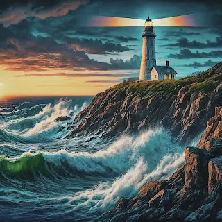 Peinture d'un phare surplombant une falaise au milieu de vagues déchaînées, sous un ciel orageux coloré