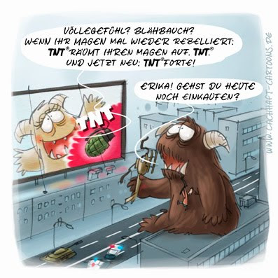 LACHHAFT Cartoon TNT Sprengstoff Bombe Handgranate Magenprobleme Völlegefühl Blähungen Monster Essen Fressen Großstadt einkaufen Cartoons Witze witzig witzige lustige Bildwitze Bilderwitze Comic Zeichnungen lustig Karikatur Karikaturen Illustrationen Michael Mantel Spaß Humor