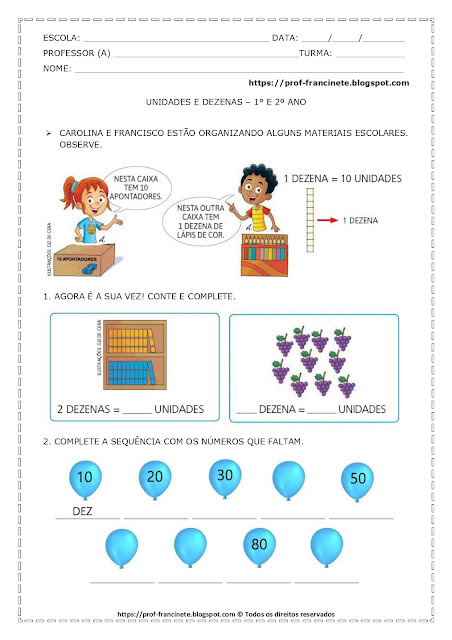 ATIVIDADES DE UNIDADES E DEZENAS – 1° E 2º ANO