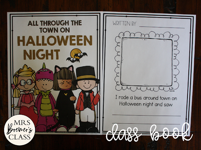 Spooky Wheels on the Bus book activities unit with literacy companion activities, class book, and craftivity for Kindergarten and First Grade