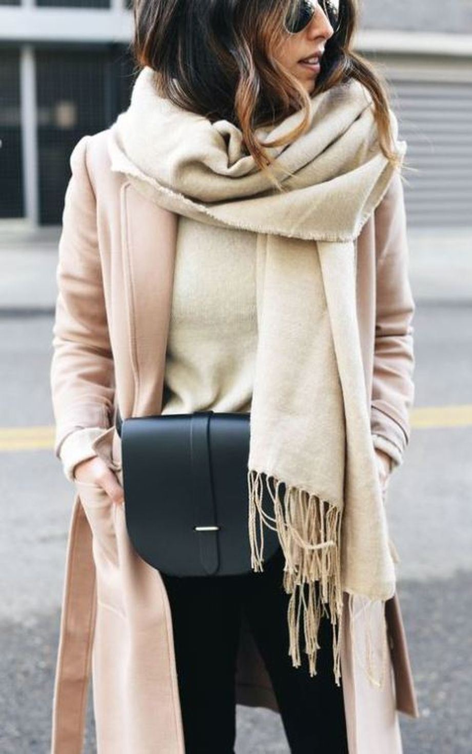 fashion trends | blush coat + cashmere scarf + bag + jeans + sweater
