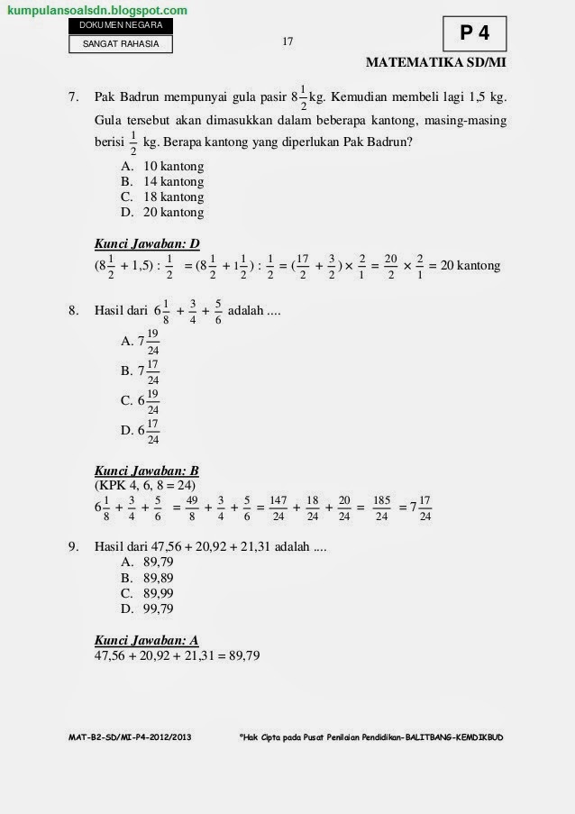 Pembahasan Soal Matematika UN+US+Try Out Kelas 6 VI SD Paket 4 TA 2012/2013 ~ Kumpulan Soal SD