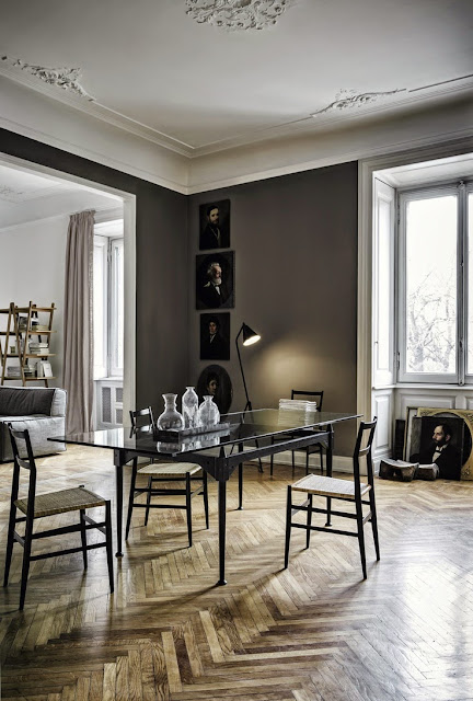 home office chevron floor dark brown walls ceiling detail