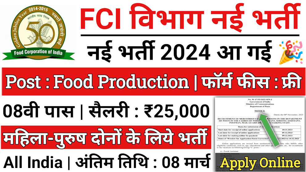Food Production Recruitment 2024 Notification Out, Apply Online