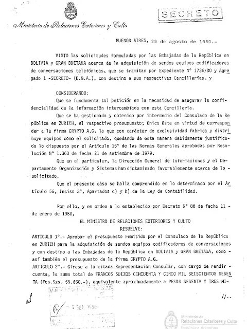 Resolución Secreta de la Cancillería Argentina de 1980 para la compra de cifradoras de Crypto AG (Archivo del Ministerio de Relaciones Exteriores)