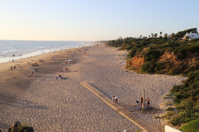 Playa llana y extensa de arena fina dorada, con acantilados bajos con vegetación a su espalda y las azules aguas del océano a su frente.