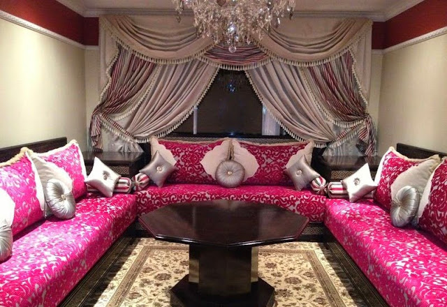 luxury style living room curtain styles with beautiful silk shimmer fabric  with fuchsia sectional sofa set and grey cushions