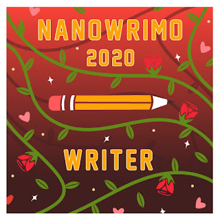 [Image Description] Square image of a gradient red background covered in rose vines and stars. In center is a yellow school pencil. Words read NaNoWriMo 2020 Writer.