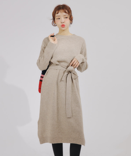 Knitted Self-Tie Waist Dress