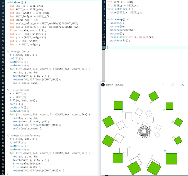 図形ソフトProcessing(プロセシング)で、回転しながら縮小する図形を描く。