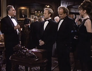 Niles, Frasier, and Daphne schmoozing.