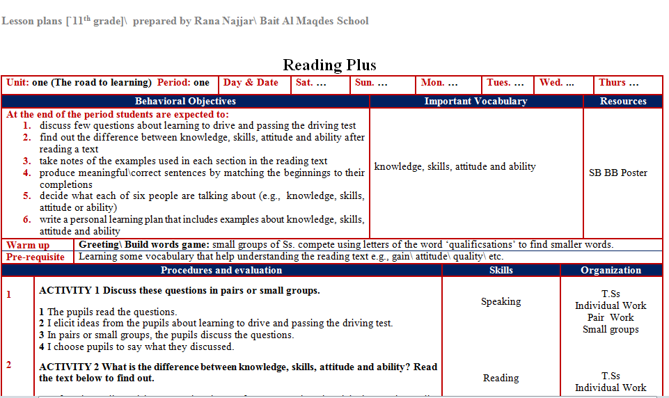 ‪lesson plans 11th reading plus units 1 2 3‬