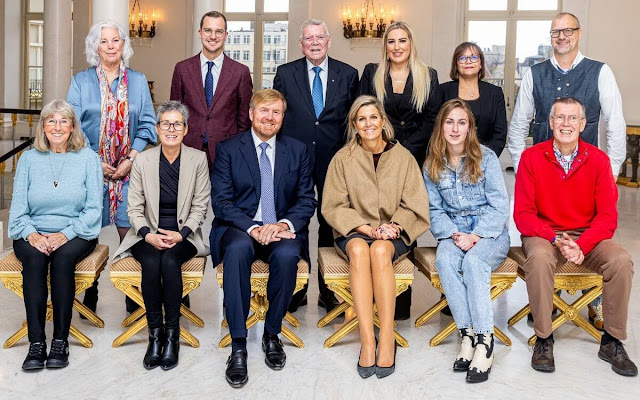 Queen Maxima wore a beige jacket, navy top and, navy and beige skirt from Natan Couture at Noordeinde Palace